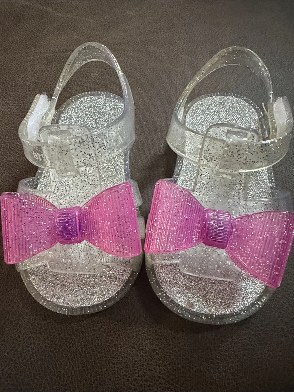 Sparkly silver and pink bow jelly shoes baby toddler girl size 2 Velcro strap